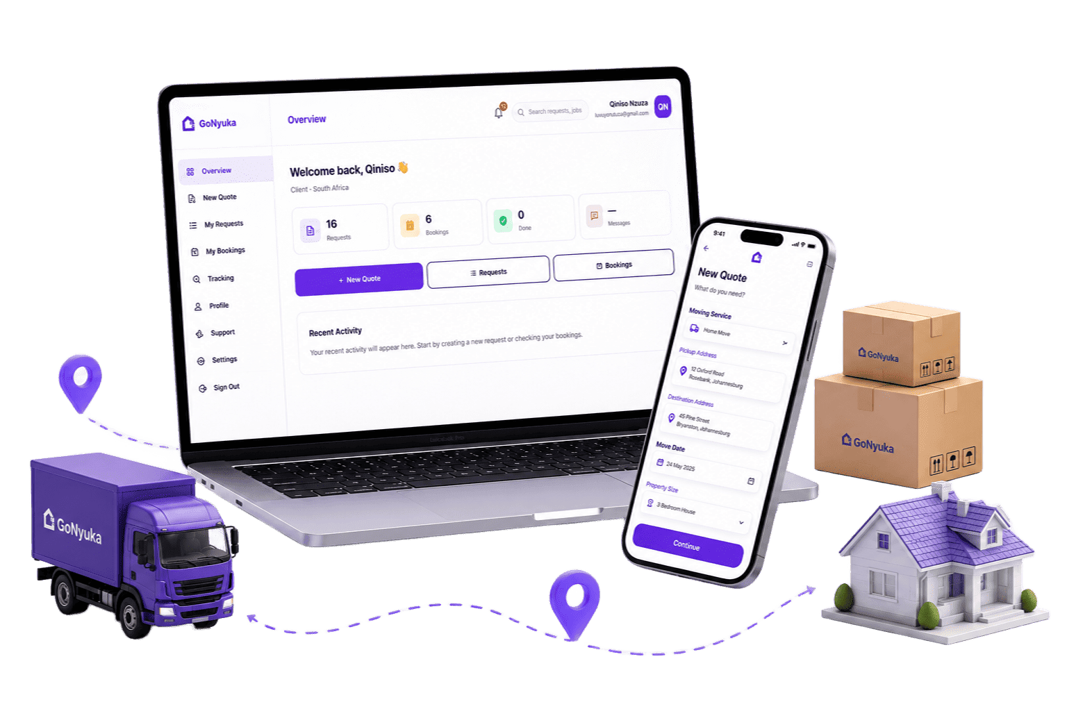 GoNyuka platform — request, match, track your moving and cleaning services