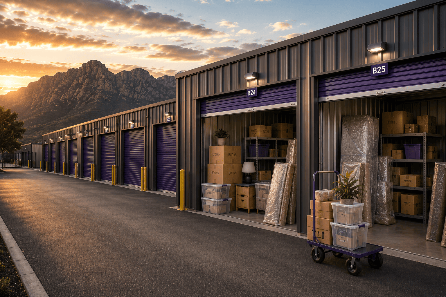 Neatly stacked packing boxes and organised storage unit