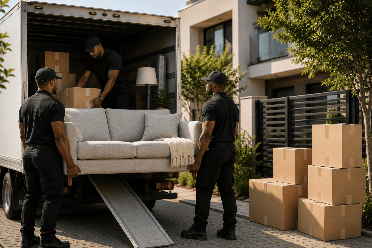 Professional residential moving team loading a truck